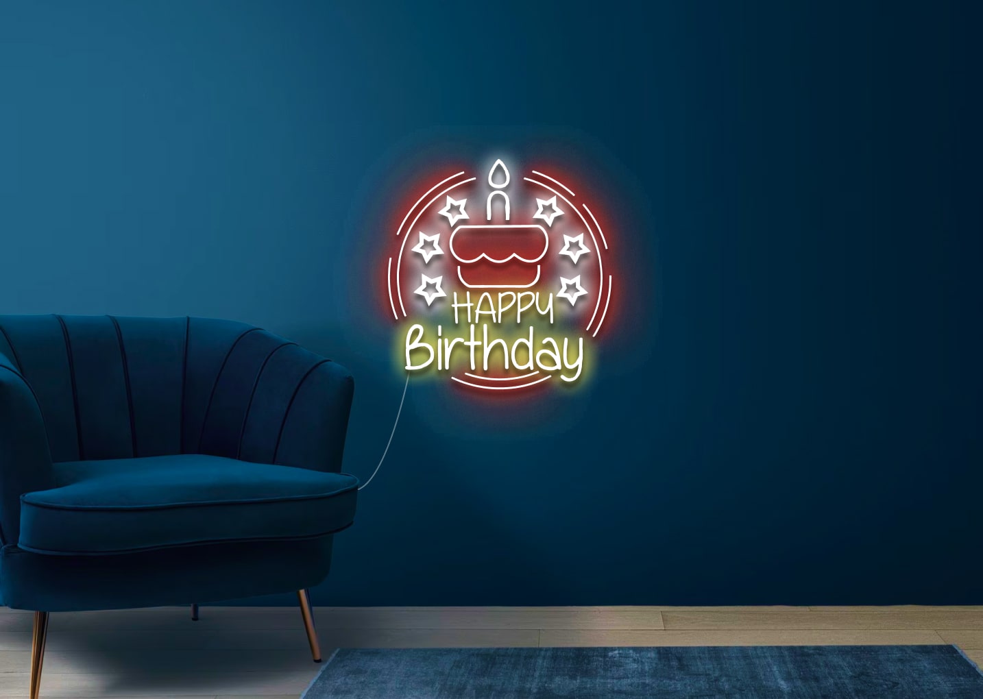 Happy Birthday with Cake & Candle - Circle Neon Signs